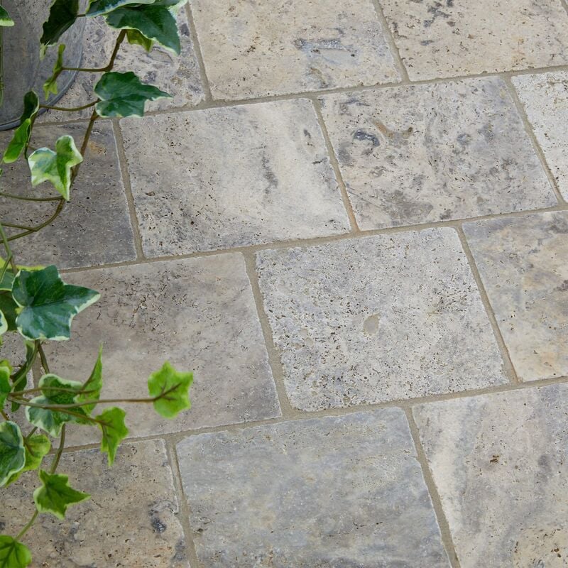 Ro'ma Nature - Pavé extérieur Travertin 1er choix - 15,25x15,25x3 cm - Gris Silver