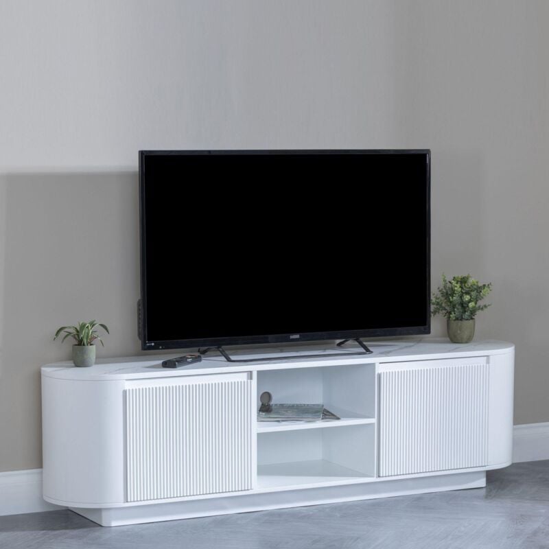 Urban Deco - Pavia White Marble Effect Curved Fluted tv Unit