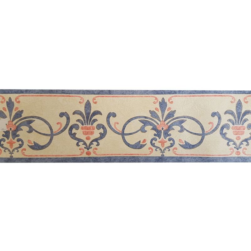 Pavilion - Vintage Retro Ornament Scroll Medallion Wallpaper Border Blue Beige Textured