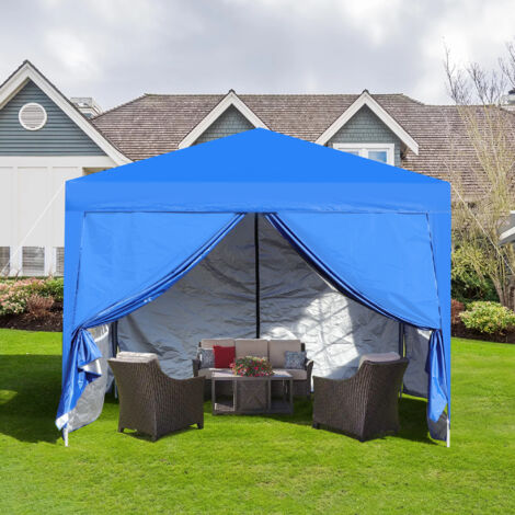 Pavillon 3x3 m pliant imperméable,résistant hiver,4 murs,4 sacs sable. UV50+,cadre acier bleu pour jardin fête camping.