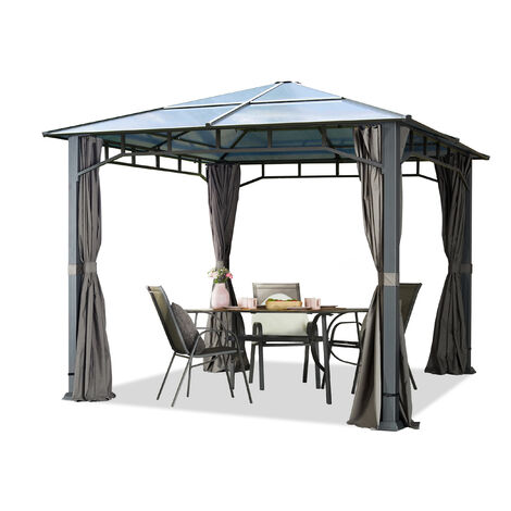 Pavillon de jardin 3x3 m imperméable toit en polycarbonate ALU DELUXE tonnelle 8mm pavillon 4 côtés partie tente gris env. 9x9 cm profil