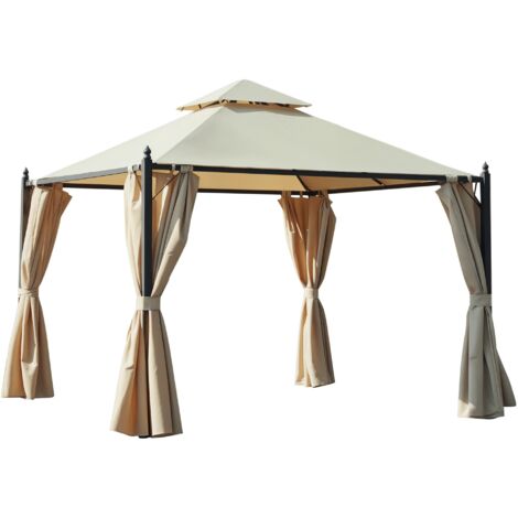 Pavillon de jardin 3x3m beige avec 4 parois latérales, double toit, abri extérieur imperméable, tonnelle pour terrasse, gazebo pliable, protection solaire UV, structure robuste.