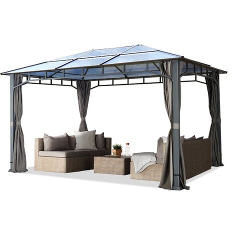 Pavillon de jardin 3x4 m imperméable toit en polycarbonate ALU DELUXE tonnelle 8mm pavillon 4 côtés partie tente gris env. 9x9 cm profil