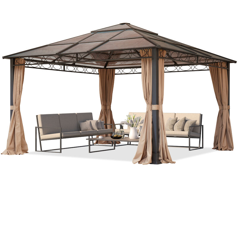 Pavillon de Jardin 4x4 m Pavillon alu Deluxe imperméable 4 côtés, Toit en Polycarbonate 6 mm