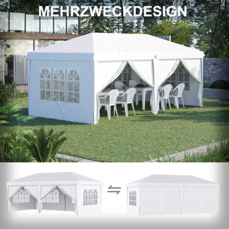 Pavillon de jardin 5,85 x 2,95 m avec parois, fenêtres et portes zippées, structure acier stable, toile anti-UV imperméable, pliable, blanc