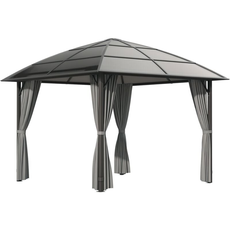 Pavillon de jardin barnum rigide dim. 3,05L x 3,05l x 2,7H m 4 rideaux zippés alu. acier polycarbonate noir polyester gris