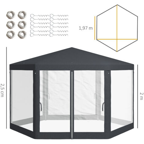 Pavillon de jardin hexagonal, rideaux en voile, structure métallique, 3,94 x 3,412 x 2,5 m, gris foncé