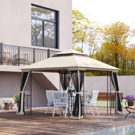 Pavillon de jardin Outsunny à double toit, tente de réception, 2,99 x 2,99 m, avec 4 parois latérales en métal et polyester, beige