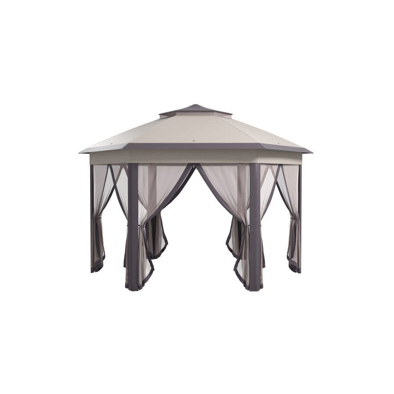 Pavillon de jardin pavillon pliant 4x4 m tente tente pop - up tente avec sac à main et 6 panneaux latéraux double toit hexagonal en café et beige