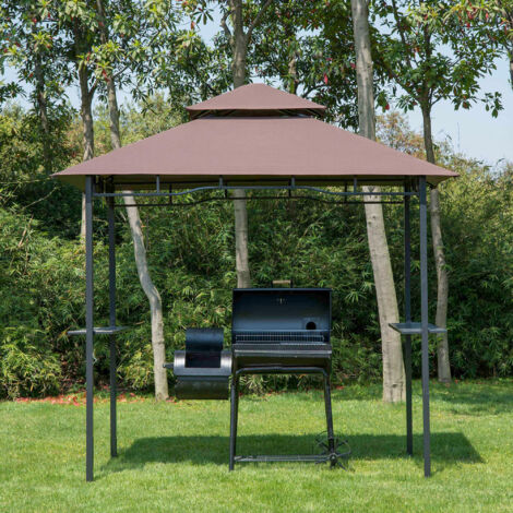 Pavillon de jardin pour barbecue en acier marron avec double toit polyester, 245x148x252 cm, étagères latérales