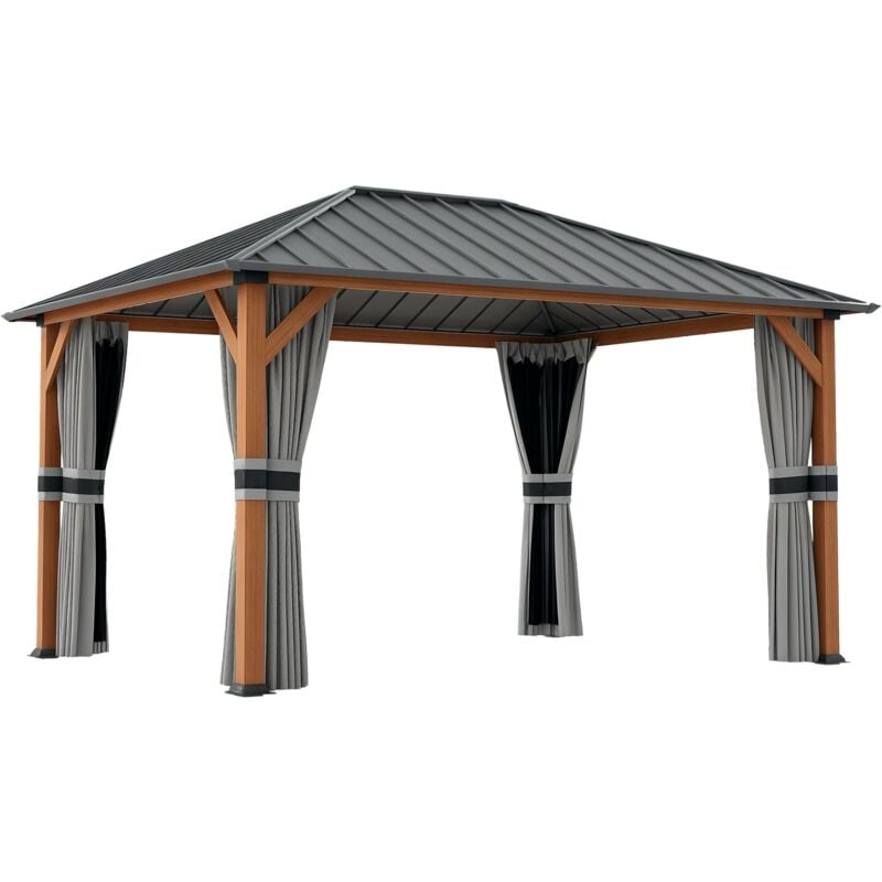 Pavillon de jardin structure alu aspect bois toit rigide métal galvanisé rideaux moustiquaires