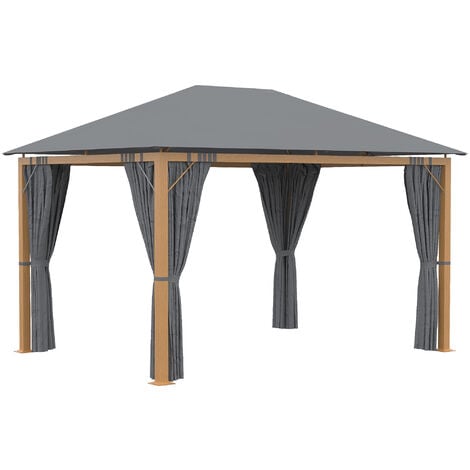 Pavillon de jardin style contemporain - barnum avec rideaux - dim. 3,97L x 2,97l x 2,8H m - alu. aspect bois polyester gris
