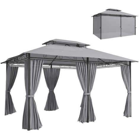Pavillon de jardin, tonnelle extérieure avec rideaux, toit ventilé, gris foncé
