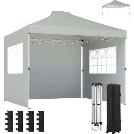 Pavillon d'environ 3x3 m Imperméable Réglable en Hauteur Pop-up Pavillon Pliant avec 3 Parois Latérales Fenêtres Ventilation, UV 50+ Gris Clair