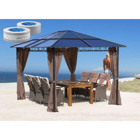 Pavillon en métal 3x3.6m avec 4 panneaux latéraux et bande filtrante anti-poussière Panneaux à double toile en polycarbonate Toit de jardin Tente de fête Pergola