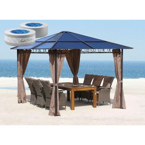 Pavillon métallique Hardtop 3x3m avec kit de parois latérales et bande filtrante anti-poussière Plaques à double nervure en polycarbonate Toit de jardin Tente de réception Pergola