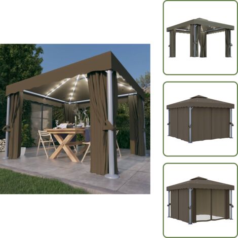 Pavillon mit Vorhängen & LED-Lichterkette 3x3 m Taupe - Gartenpavillon - Pavillon - Outdoor Möbel - Sonnenschutz - Gartendekoration