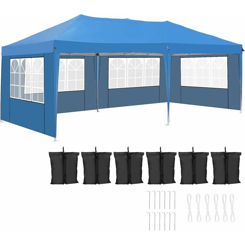 Pavillon, pavillon escamotable 3x6, pavillon pliant étanche tente pavillon de jardin avec 6 sacs de sable, pavillon tente de fête avec 4 parties