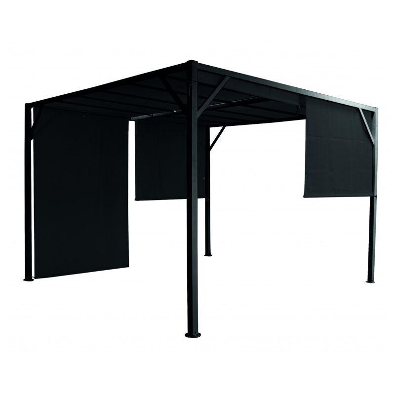 Pavillon pergola 3x3 m en métal peint en noir avec rideaux latéraux noirs - Tiglio