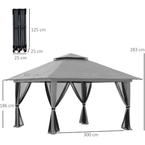 Pavillon pliable, hauteur réglable, 4 parois en filet, toit ventilé, sac de transport, montage rapide, gris foncé, 4 x 4 x 3 m