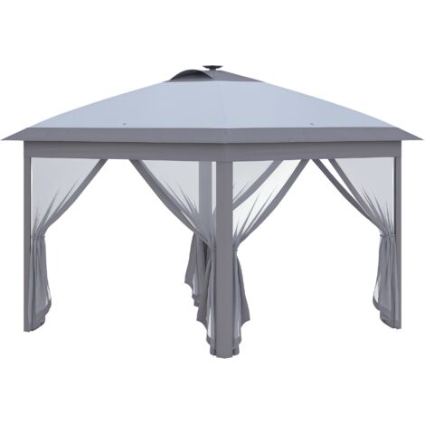 Pavillon pliant de 3,3 x 3,3 m avec éclairage LED, rideaux en filet, sac de transport, gris