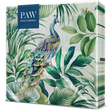 PAW - Tovaglioli di Carta Colorati (33 x 33 cm) I 20 Pezzi I Tovaglioli Compleanno I Esotico, Estate, Pavone, Foglie I 3 veli I Tovaglioli di Carta Decorati per Compleanni e Feste - Peacock