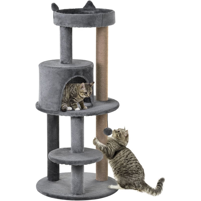 Pawhut - 104cm Cat Tree for Indoor Cats Kitten Scratching Post Climbing Tower Grey