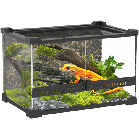 PawHut 10L Glass Terrarium, Reptile Vivarium with Stone Background, Black
