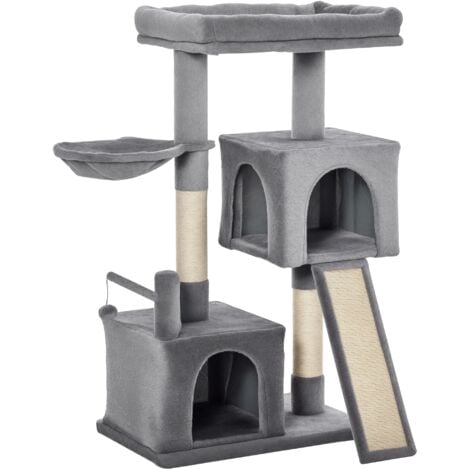 PawHut 111cm Kitten Activity Centre with Scratching Post Condo Hammock Grey