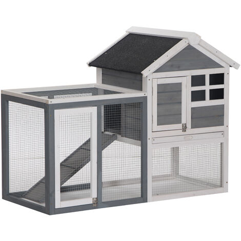 Tray BWM.Co 2-Tier Wood Rabbit House Cage Backyard Garden Duplex Hutch for Small Animal Pet w/ Sloped Weatherproof Roof Water Bottle Safe Ramp Indoor Outdoor 