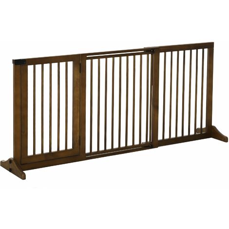 PawHut 166cm Wooden Freestanding Pet Gate Adjustable Length w/ Door Lock Brown