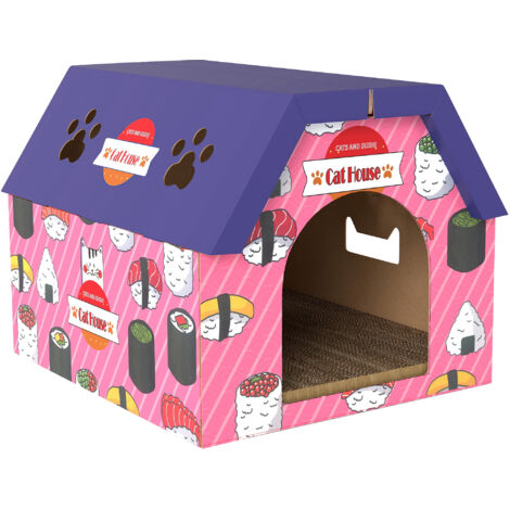 PawHut 2-in-1 Cat Scratching Board House with 4 Paw-Shaped Vents, Pink