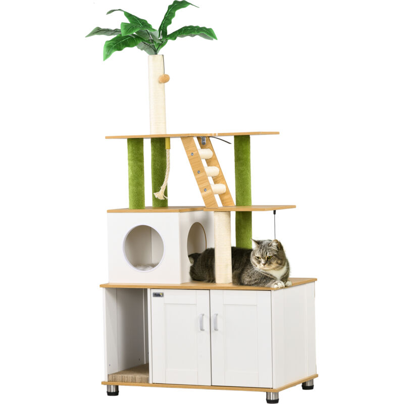 Pawhut - 2-in-1 Hidden Litter Box with Green Leaf Cat Tree, Indoor - Oak