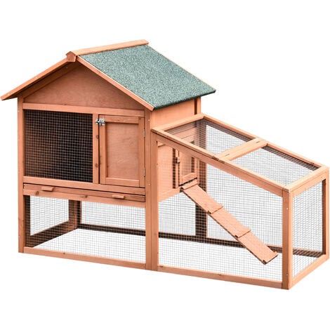 PawHut 2-Level Wood Rabbit House Hutch w/ Outdoor Run UV Water Resistant Roof Natural
