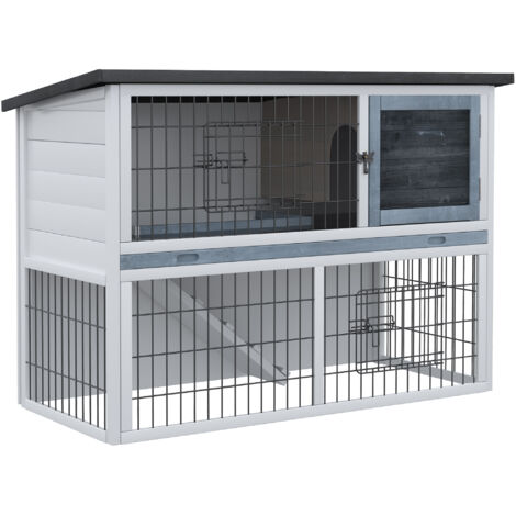 PawHut 2-Tier Wooden Rabbit Hutch Guinea Pig House Bunny Cage Backyard w/ Openable Roof Small Animal House for Outdoor Grey, 108 x 45 x 78 cm