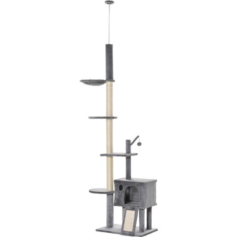 PawHut 238-270cm Cat Tree Tower Ceiling High w/ Sisal Scratching Post Light Grey