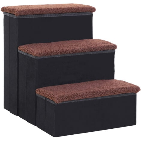PawHut 3 Step Pet Stairs Washable Fleece Faux Suede Cover 41 x 19cm Black