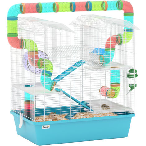 PawHut 4 Tier Cage with Tubes, for Dwarf Hamster, Light Blue