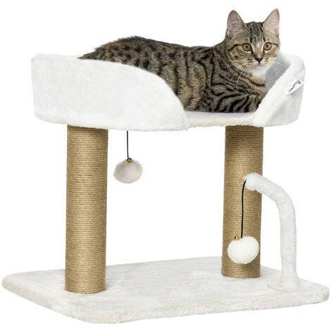 PawHut 42cm Indoor Cat Tree, Kitty Play Tower w/ Toy Balls, Scratching Post White