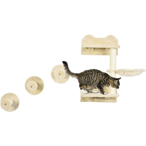 PawHut 4PCs Cat Shelf Cat Wall Furniture Wall-Mounted Cat Tree Scratching Post Beige