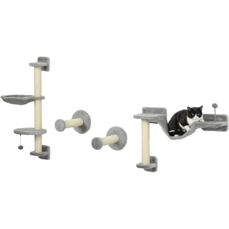 PawHut 4Pcs Wall Mounted Cat Shelves with Hammock, Scratching Post, Grey