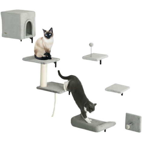 PawHut 6-Piece Cat Wall Furniture Set with Platforms Sisal Post Bed Toy Grey