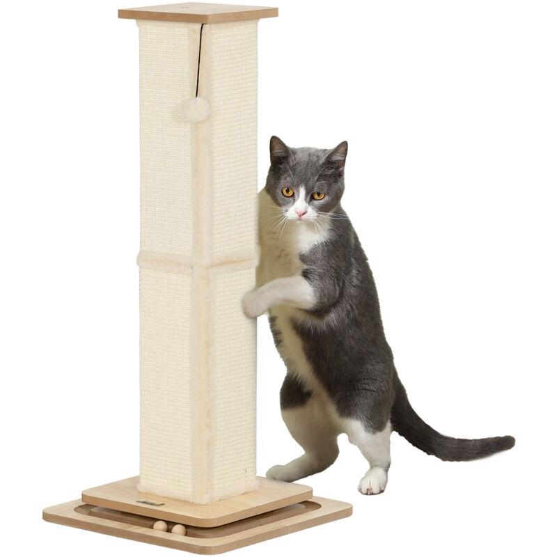 Pawhut - 87cm Cat Scratching Post, 3-in-1 Cat Scratcher w/ Track Ball Toy