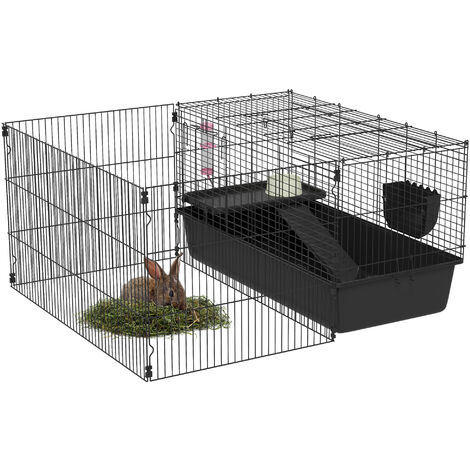 PawHut 99 cm Kleintierkäfig mit Laufstall, Kleintierstall mit Wasserflasche, Futternapf, Nagerkäfig mit Futtertrog, Meerschweinchenkäfig für Kleintiere Stahl Schwarz