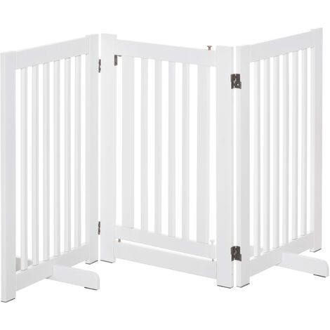 PawHut Absperrgitter Holz Freistehendes Schutzgitter für Hunde Türschutzgitter Verstellbares Hundegitter Treppengitter mit Füßen klappbares Kamingitter für Ofen Weiß 155 x 1,5 x 76 cm