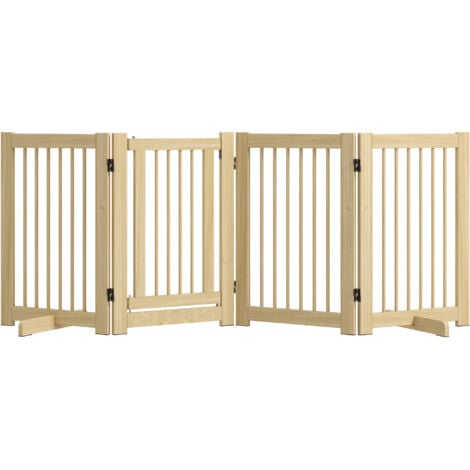 PawHut Absperrgitter Hund 4-teilig, 204 x 75 cm Faltbar Türschutzgitter mit Tür, Freistehend Hundegitter mit 2 Stützfüßen, Treppengitter aus Holz für Flur, Küche, Treppe, Natur