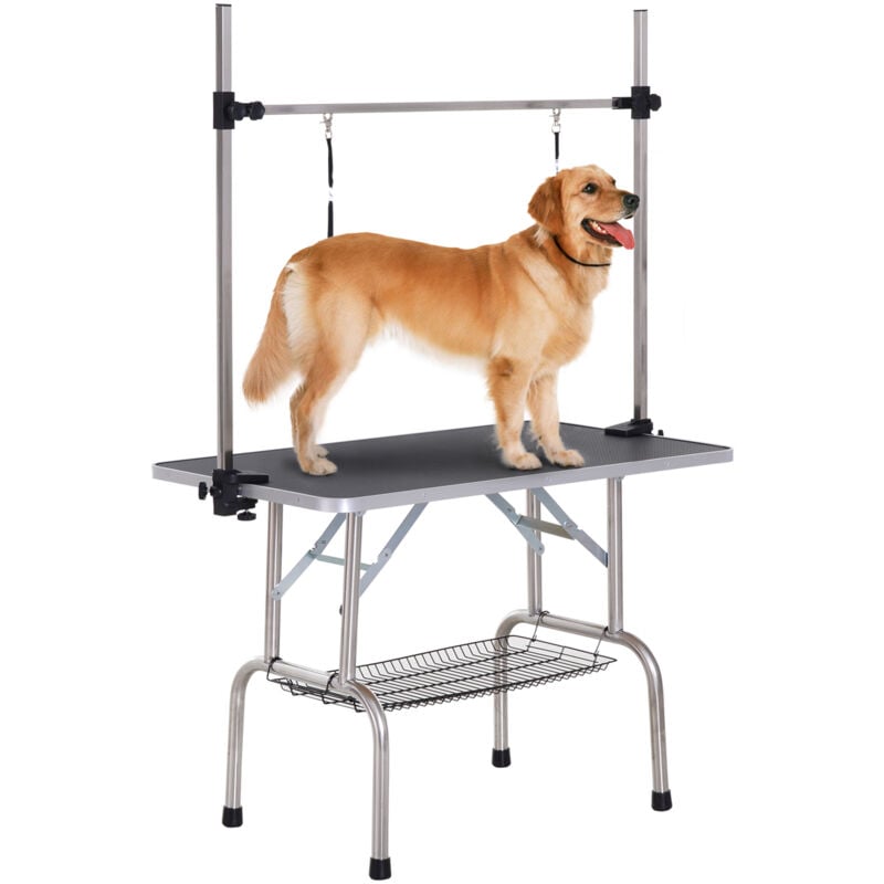 Adjustable Dog Grooming Table Rubber Top 2 Safety Slings Black - Black - Pawhut