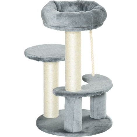 main image of "PawHut Albero per Gatti a 3 Livelli in Peluche Sisal Naturale Grigio Ф40x65cm"