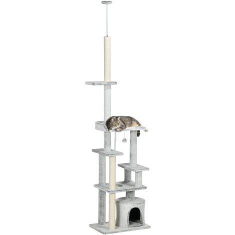 PawHut Albero per Gatti a Soffitto Regolabile con Casetta e Pali Tiragraffi