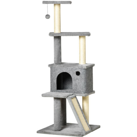 PawHut Albero per Gatti Multilivello con Casetta, Scala e Pali in Sisal Grigio